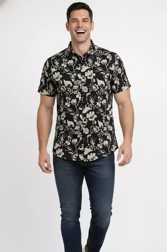 Mens black self design cotton fabric shirt short sleeves shirt collor