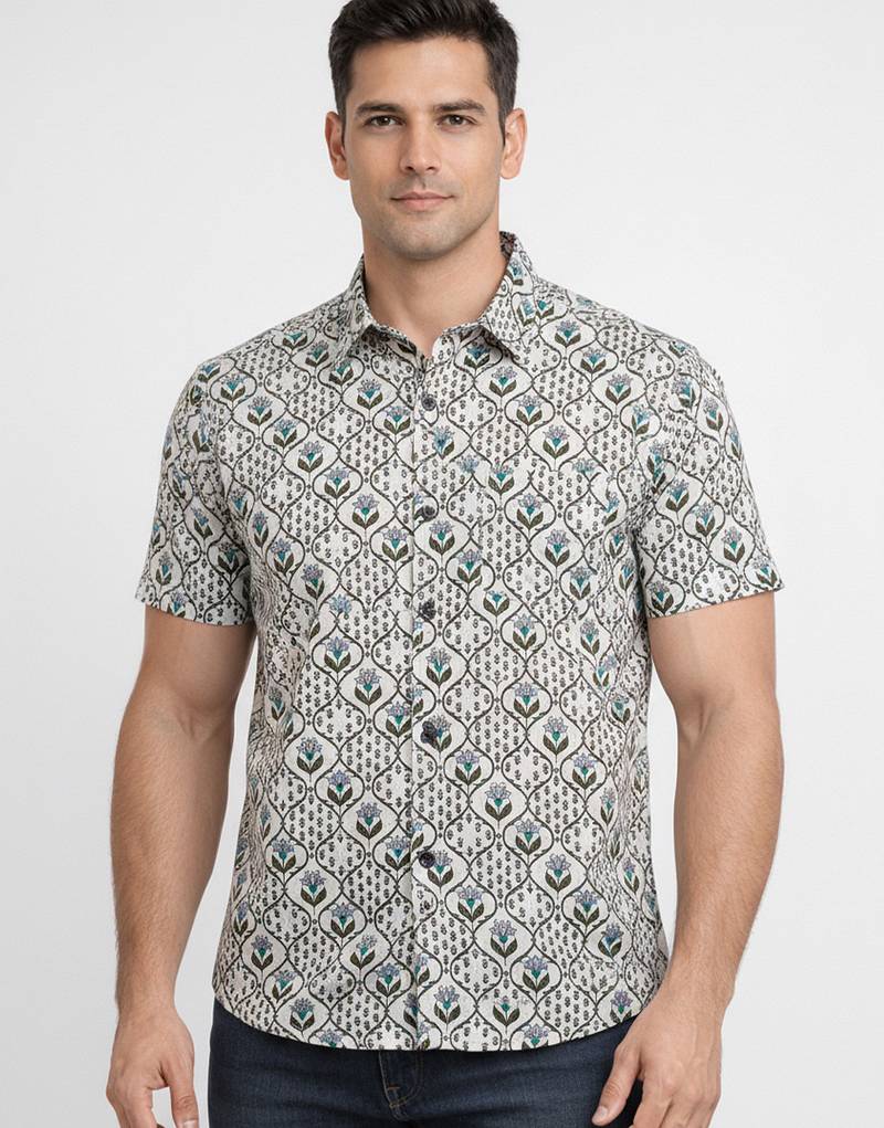 Mens green self design cotton fabric shirt short sleeves shirt collor