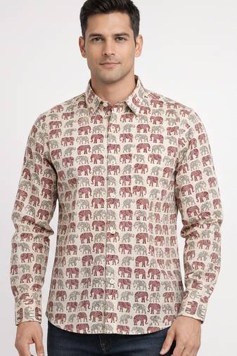 Mens cream self design cotton fabric shirt full sleeves shirt collor