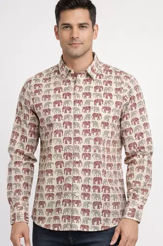 Mens cream self design cotton fabric shirt full sleeves shirt collor
