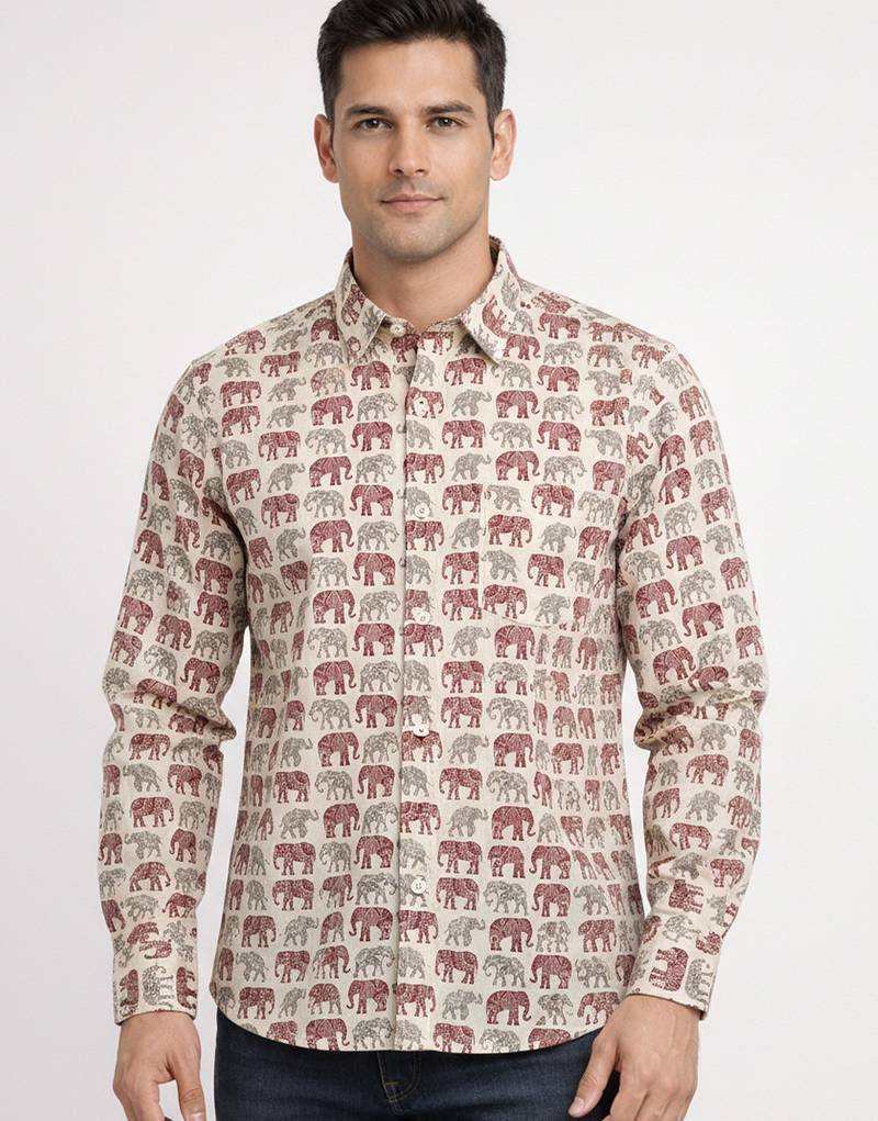Mens cream self design cotton fabric shirt full sleeves shirt collor