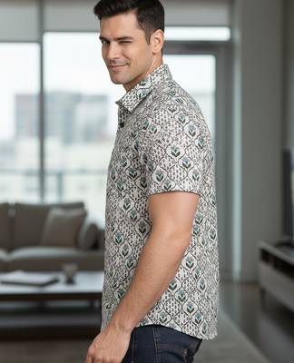 Mens green self design cotton fabric shirt short sleeves shirt collor 3