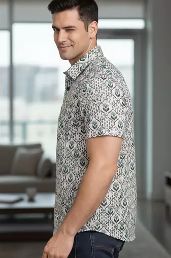 Mens green self design cotton fabric shirt short sleeves shirt collor