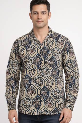 Mens cream self design cotton fabric shirt full sleeves shirt collor