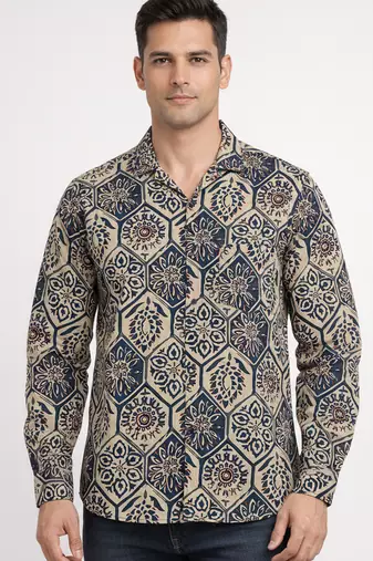 Mens cream self design cotton fabric shirt full sleeves shirt collor