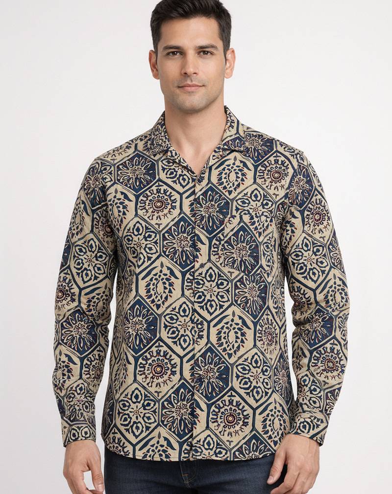 Mens cream self design cotton fabric shirt full sleeves shirt collor