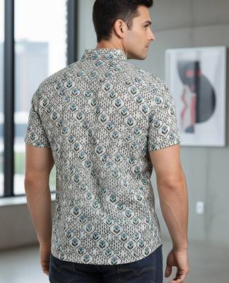 Mens green self design cotton fabric shirt short sleeves shirt collor 4