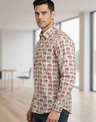 Mens cream self design cotton fabric shirt full sleeves shirt collor 3
