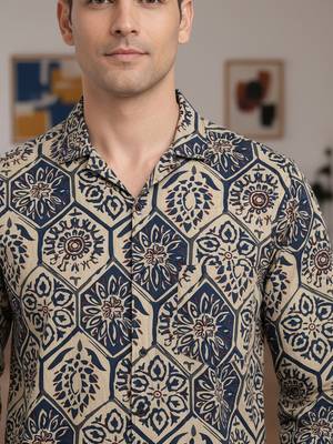 Mens cream self design cotton fabric shirt full sleeves shirt collor 2