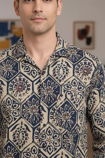 Mens cream self design cotton fabric shirt full sleeves shirt collor