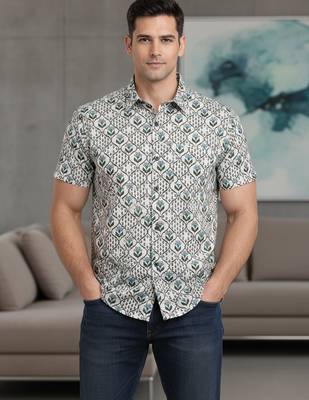 Mens green self design cotton fabric shirt short sleeves shirt collor 5
