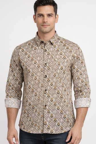 Mens cream self design cotton fabric shirt full sleeves shirt collor