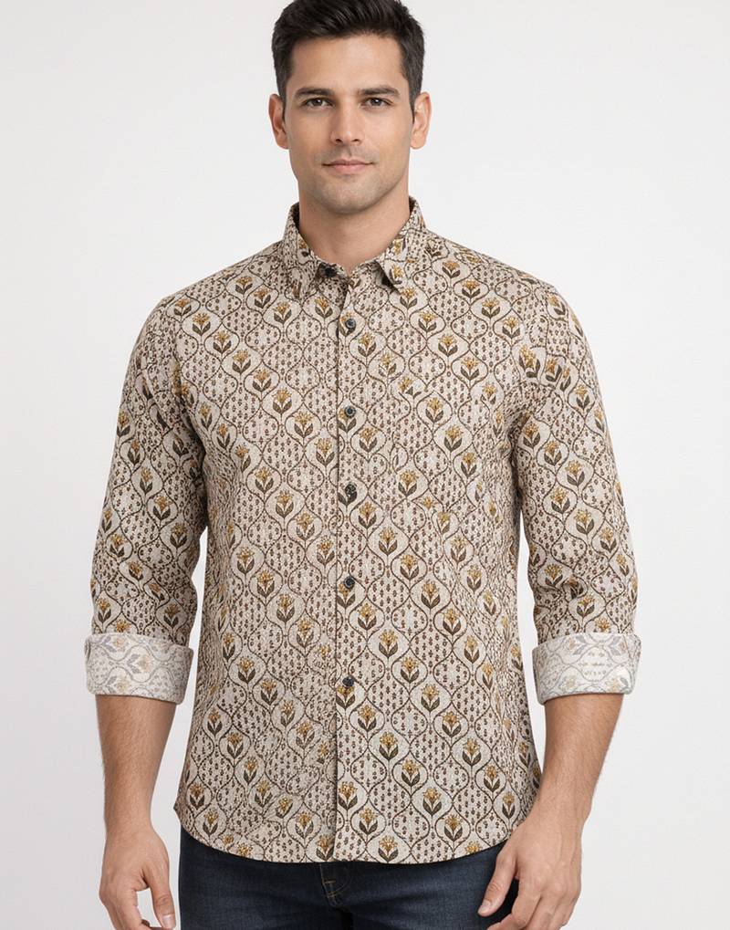 Mens cream self design cotton fabric shirt full sleeves shirt collor
