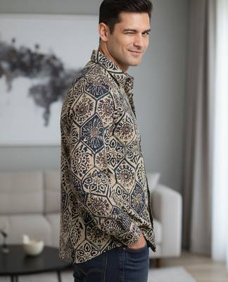 Mens cream self design cotton fabric shirt full sleeves shirt collor 3