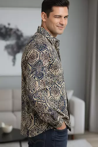 Mens cream self design cotton fabric shirt full sleeves shirt collor