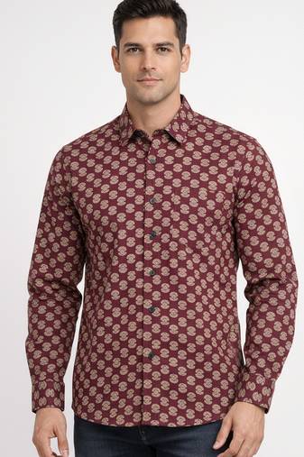 Mens maroon self design cotton fabric shirt full sleeves shirt collor