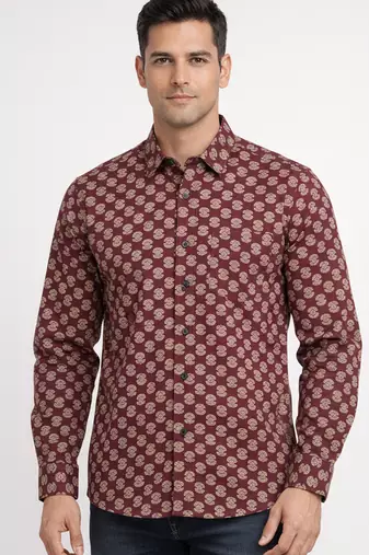 Mens maroon self design cotton fabric shirt full sleeves shirt collor