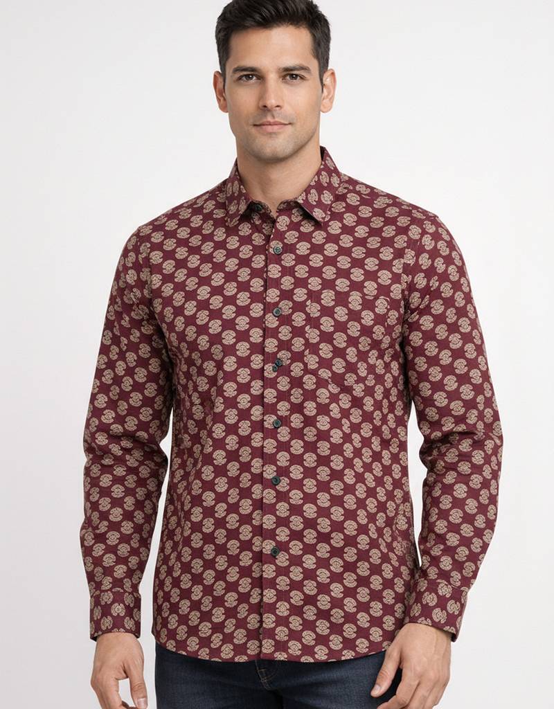 Mens maroon self design cotton fabric shirt full sleeves shirt collor