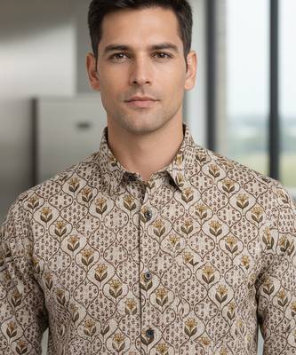 Mens cream self design cotton fabric shirt full sleeves shirt collor 2