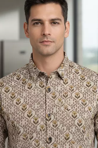 Mens cream self design cotton fabric shirt full sleeves shirt collor