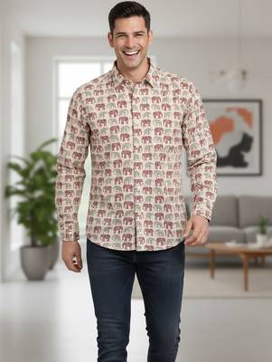 Mens cream self design cotton fabric shirt full sleeves shirt collor 5