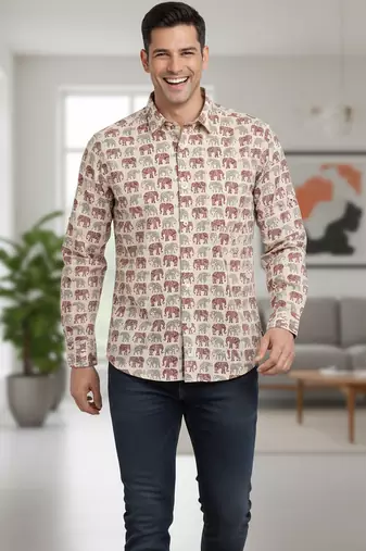Mens cream self design cotton fabric shirt full sleeves shirt collor