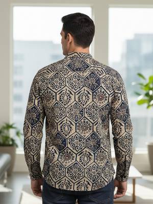 Mens cream self design cotton fabric shirt full sleeves shirt collor 4