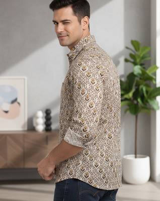 Mens cream self design cotton fabric shirt full sleeves shirt collor 3