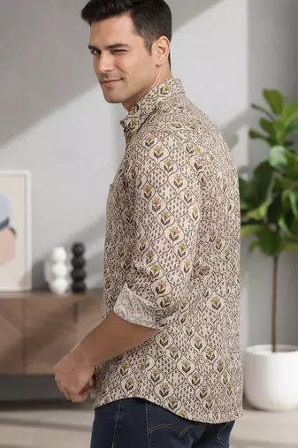 Mens cream self design cotton fabric shirt full sleeves shirt collor