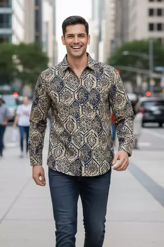 Mens cream self design cotton fabric shirt full sleeves shirt collor