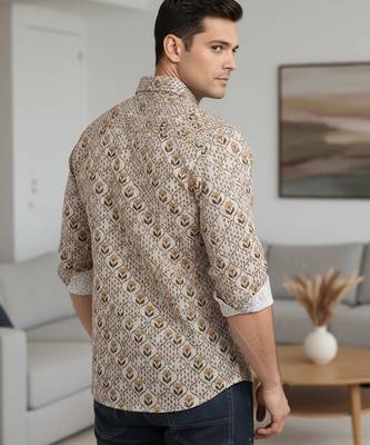 Mens cream self design cotton fabric shirt full sleeves shirt collor 4