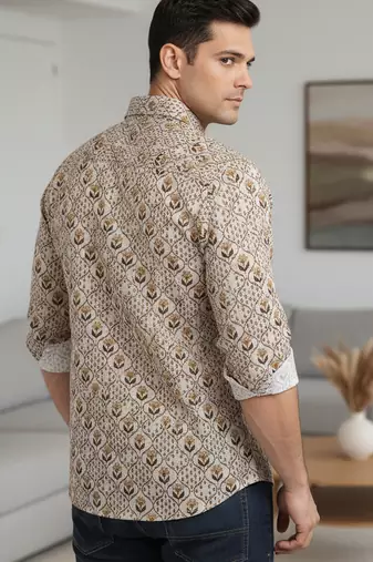 Mens cream self design cotton fabric shirt full sleeves shirt collor