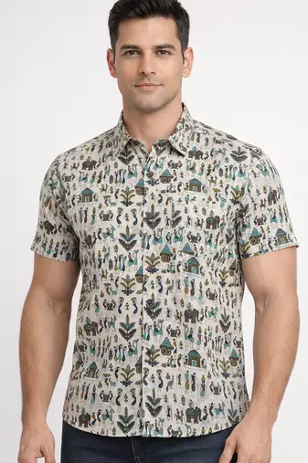 Mens cream self design cotton fabric shirt short sleeves shirt collor