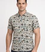 Mens cream self design cotton fabric shirt short sleeves shirt collor