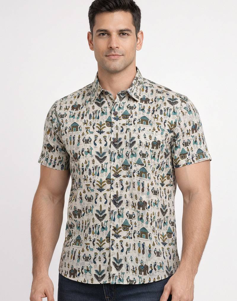 Mens cream self design cotton fabric shirt short sleeves shirt collor