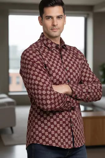 Mens maroon self design cotton fabric shirt full sleeves shirt collor