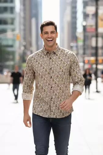 Mens cream self design cotton fabric shirt full sleeves shirt collor