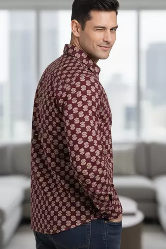 Mens maroon self design cotton fabric shirt full sleeves shirt collor