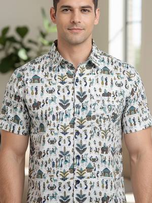 Mens cream self design cotton fabric shirt short sleeves shirt collor 2