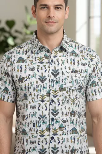 Mens cream self design cotton fabric shirt short sleeves shirt collor