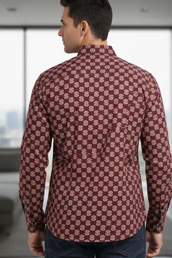 Mens maroon self design cotton fabric shirt full sleeves shirt collor