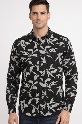 Mens black self design cotton fabric shirt full sleeves shirt collor
