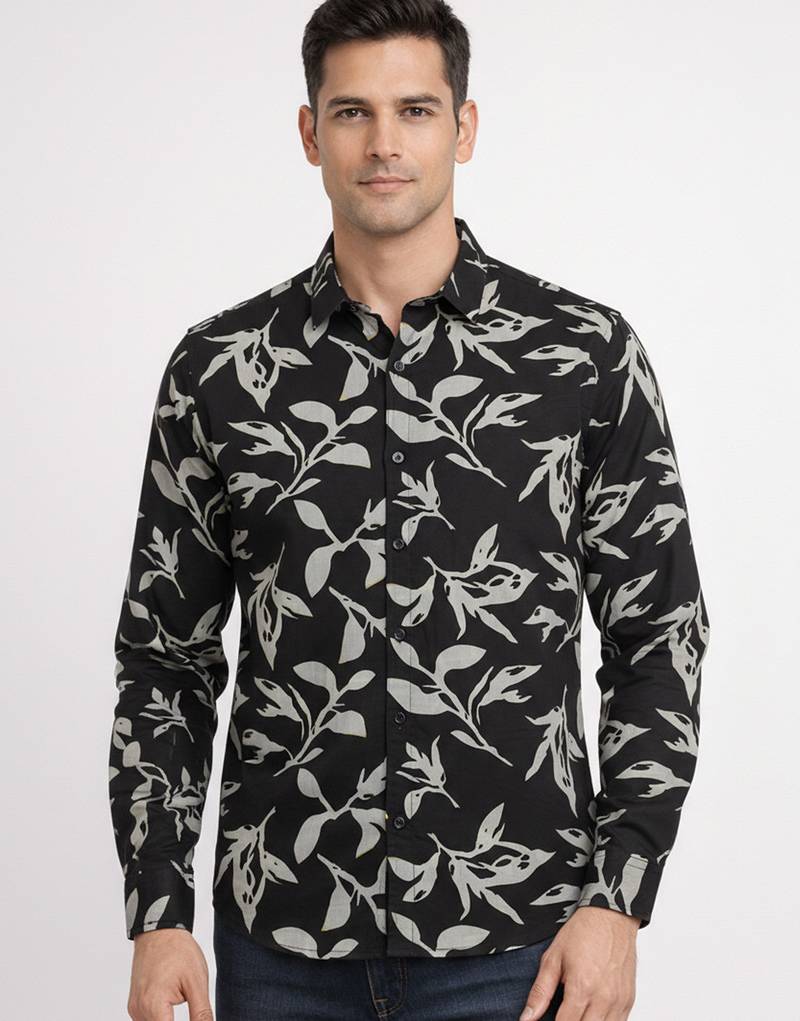 Mens black self design cotton fabric shirt full sleeves shirt collor
