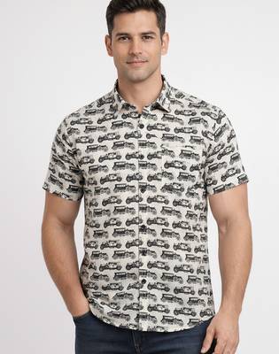 Mens cream self design cotton fabric shirt short sleeves shirt collor 1