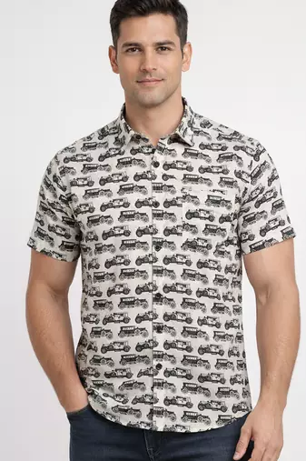 Mens cream self design cotton fabric shirt short sleeves shirt collor