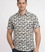Mens cream self design cotton fabric shirt short sleeves shirt collor