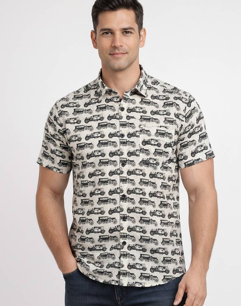 Mens cream self design cotton fabric shirt short sleeves shirt collor