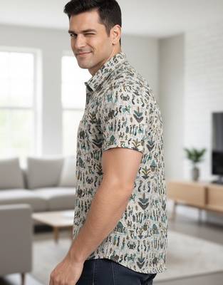 Mens cream self design cotton fabric shirt short sleeves shirt collor 3