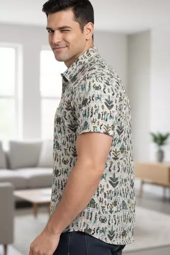Mens cream self design cotton fabric shirt short sleeves shirt collor