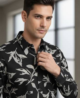 Mens black self design cotton fabric shirt full sleeves shirt collor 2